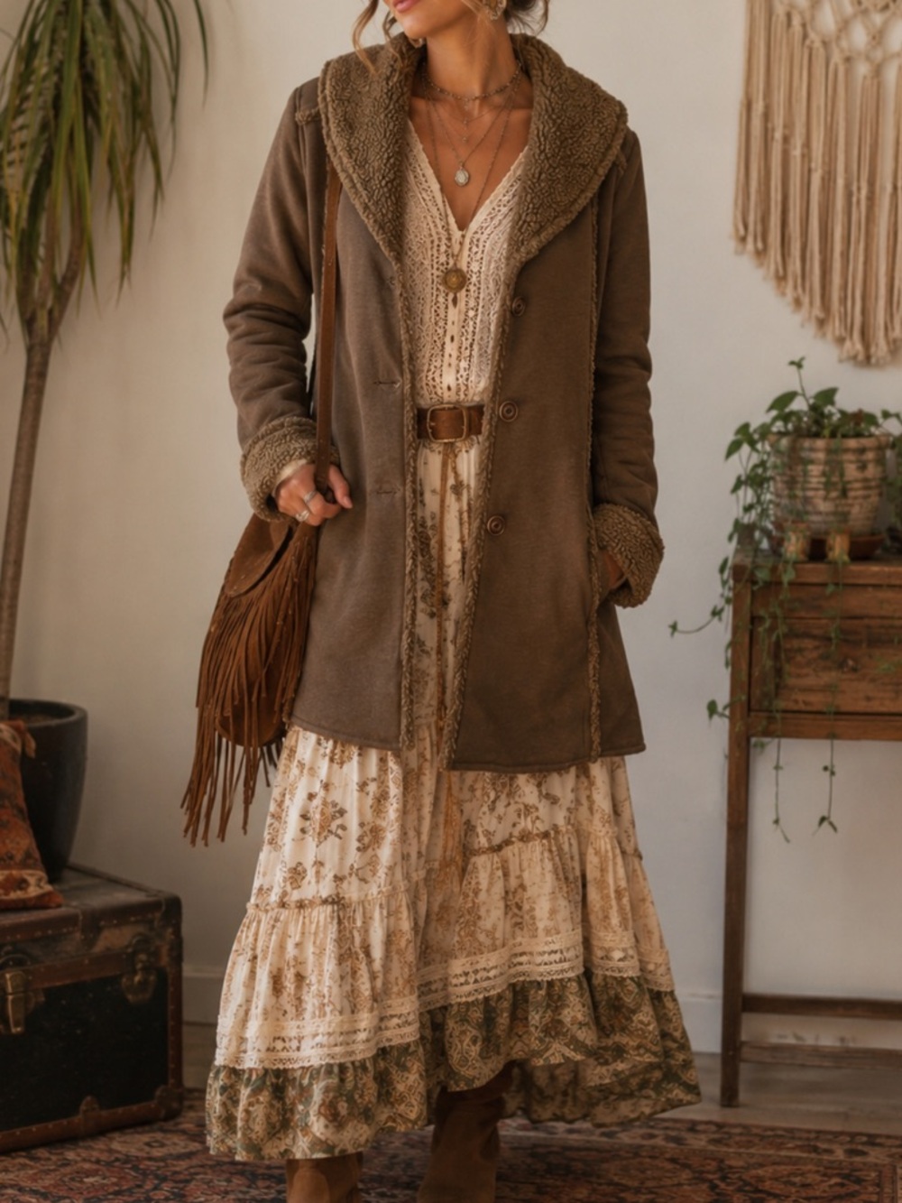 Vintage Eddie Bauer Sherpa Lined Faux Suede Penny‎ Lane Coat Brown Sz M Retro